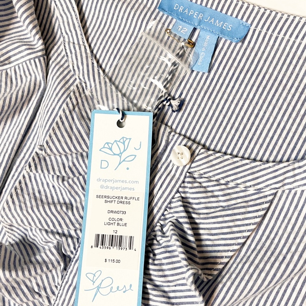 Draper James NWT Seersucker Ruffle Shirt Dress 12 blue white classic shift - Picture 7 of 12